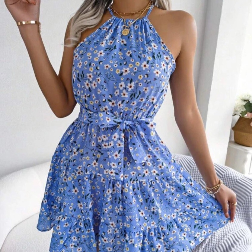 SHEIN Blue Floral Halter Mini Dress